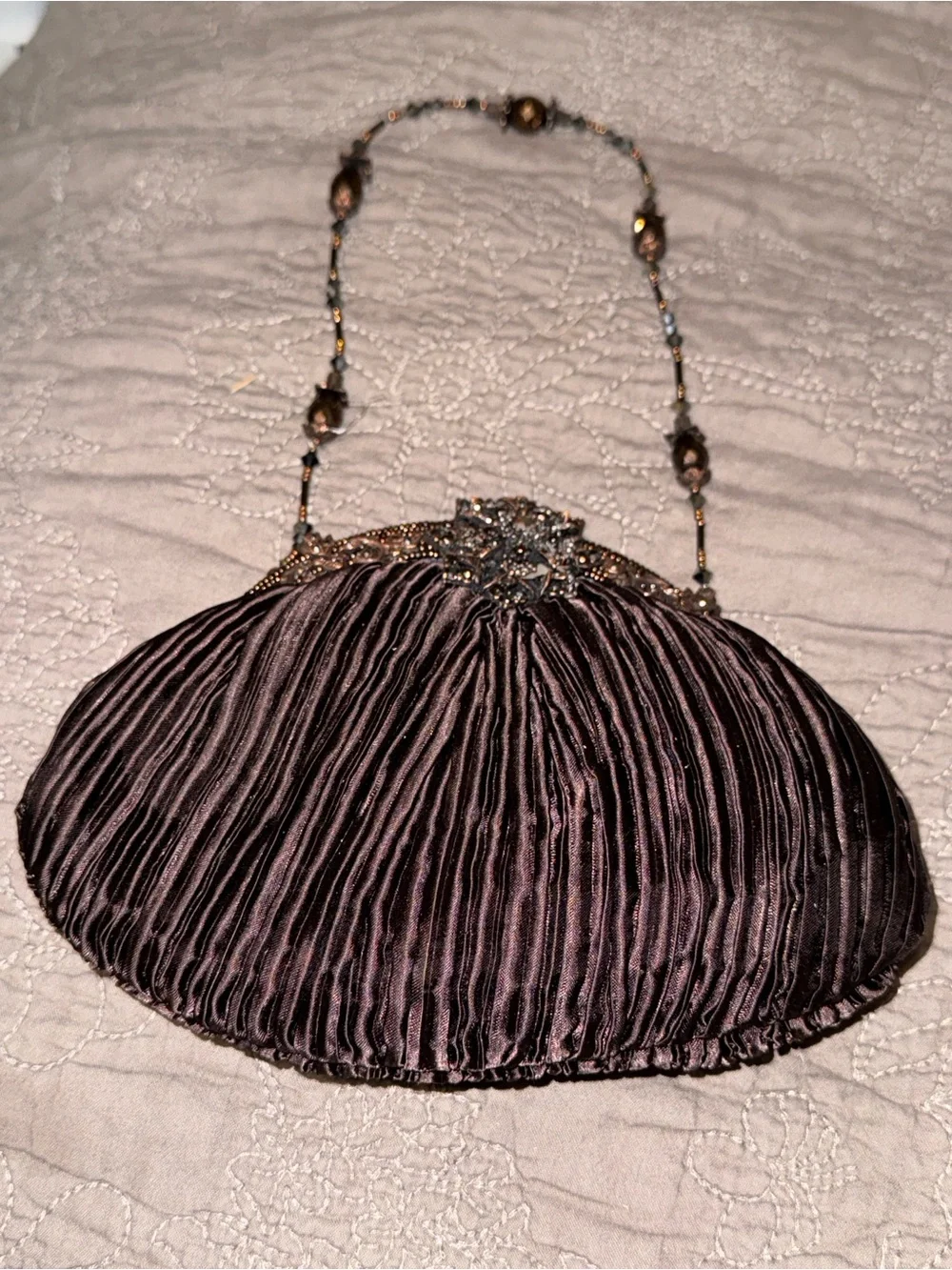 Todd Anthony Evening Pleated Satin Bag with beadwork in Dark Plum Brown